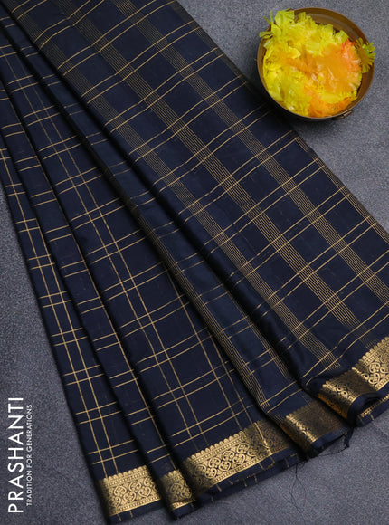 Semi mysore silk saree elephant grey with allover checked pattern and zari woven border