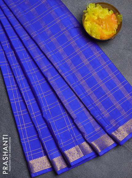 Semi mysore silk saree royal blue with allover checked pattern and zari woven border