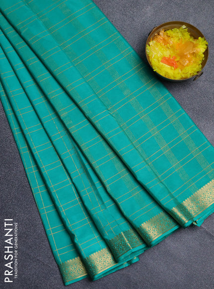 Semi mysore silk saree teal green with allover checked pattern and zari woven border