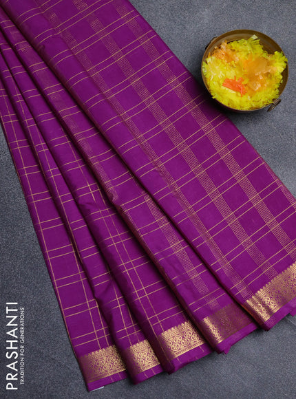 Semi mysore silk saree purple with allover checked pattern and zari woven border