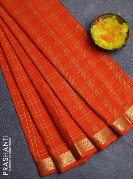 Semi mysore silk saree orange with allover checked pattern and zari woven border