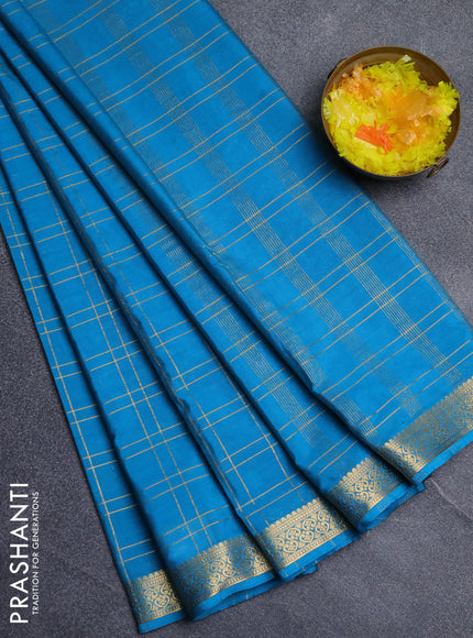 Semi mysore silk saree cs blue with allover checked pattern and zari woven border