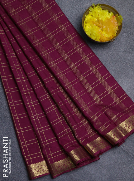 Semi mysore silk saree wine shade with allover checked pattern and zari woven border