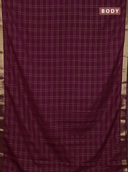 Semi mysore silk saree wine shade with allover checked pattern and zari woven border