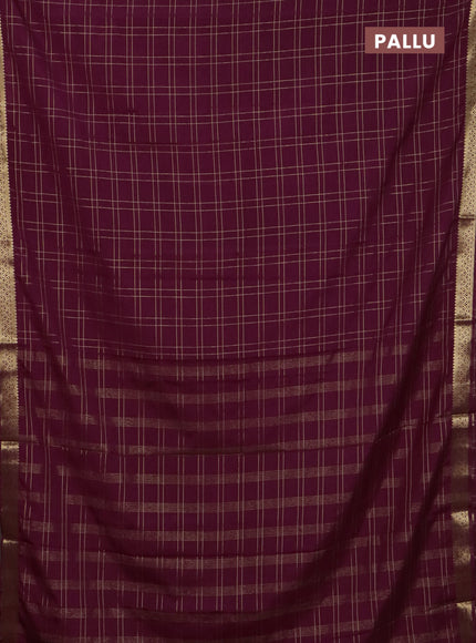 Semi mysore silk saree wine shade with allover checked pattern and zari woven border