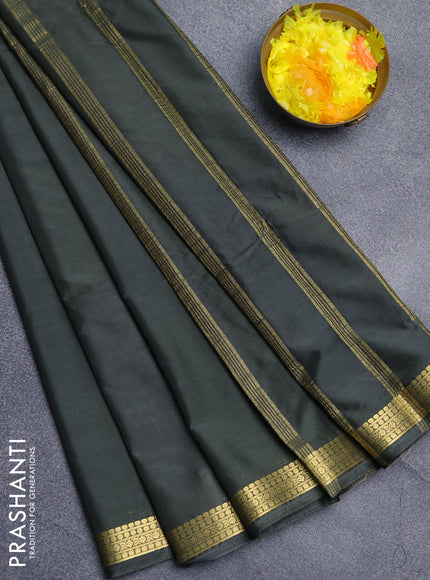 Semi mysore silk saree olive green with plain body and zari woven border