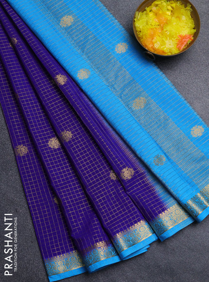 Semi mysore silk saree royal blue and cs blue with allover zari checks & buttas and zari woven border