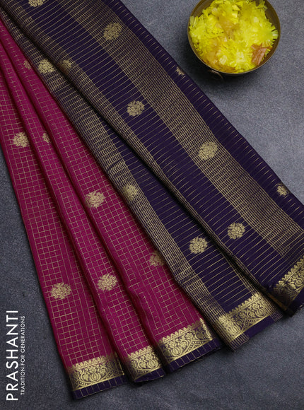 Semi mysore silk saree dark pink and navy blue with allover zari checks & buttas and zari woven border