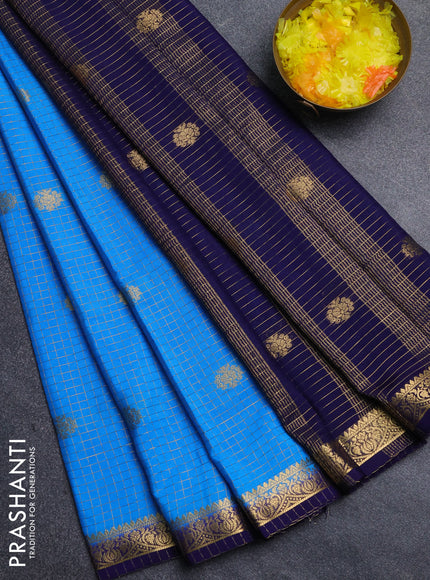 Semi mysore silk saree cs blue and navy blue with allover zari checks & buttas and zari woven border
