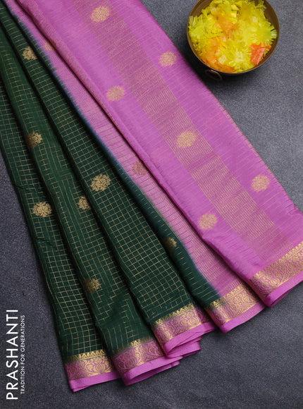 Semi mysore silk saree bottle green and pink with allover zari checks & buttas and zari woven border