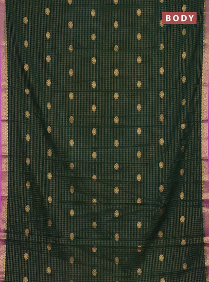 Semi mysore silk saree bottle green and pink with allover zari checks & buttas and zari woven border