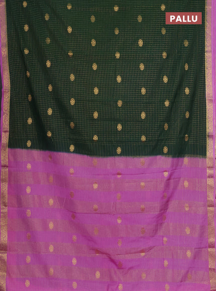 Semi mysore silk saree bottle green and pink with allover zari checks & buttas and zari woven border