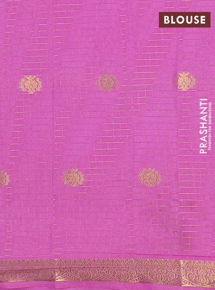 Semi mysore silk saree bottle green and pink with allover zari checks & buttas and zari woven border