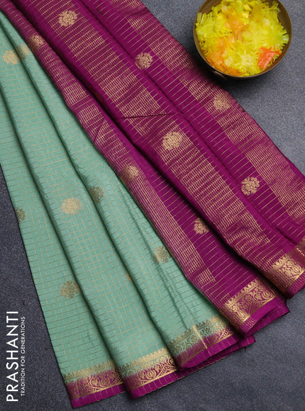 Semi mysore silk saree pista green and purple with allover zari checks & buttas and zari woven border