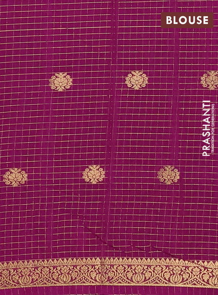 Semi mysore silk saree pista green and purple with allover zari checks & buttas and zari woven border