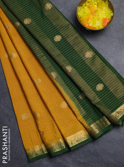 Semi mysore silk saree mustard yellow and bottle green with allover zari checks & buttas and zari woven border