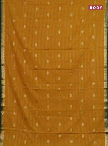Semi mysore silk saree mustard yellow and bottle green with allover zari checks & buttas and zari woven border