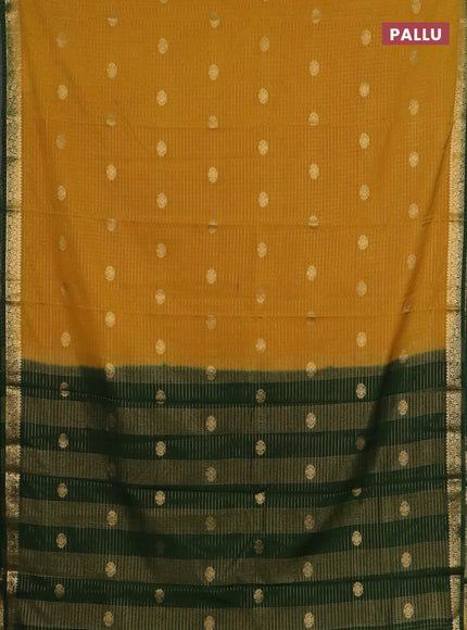 Semi mysore silk saree mustard yellow and bottle green with allover zari checks & buttas and zari woven border