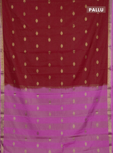 Semi mysore silk saree red and pink with allover zari checks & buttas and zari woven border