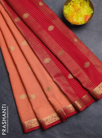 Semi mysore silk saree peach orange and red with allover zari checks & buttas and zari woven border