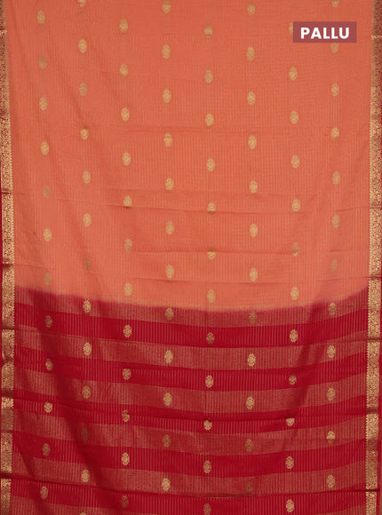 Semi mysore silk saree peach orange and red with allover zari checks & buttas and zari woven border