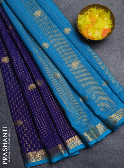 Semi mysore silk saree navy blue and cs blue with allover zari checks & buttas and zari woven border