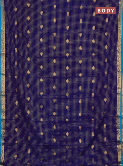 Semi mysore silk saree navy blue and cs blue with allover zari checks & buttas and zari woven border