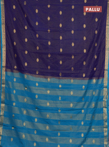 Semi mysore silk saree navy blue and cs blue with allover zari checks & buttas and zari woven border