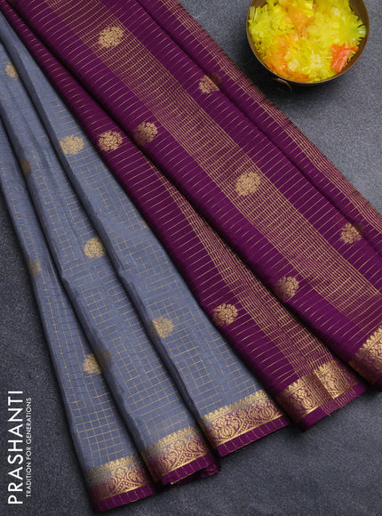 Semi mysore silk saree grey and purple with allover zari checks & buttas and zari woven border