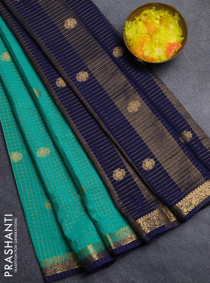 Semi mysore silk saree teal green and navy blue with allover zari checks & buttas and zari woven border