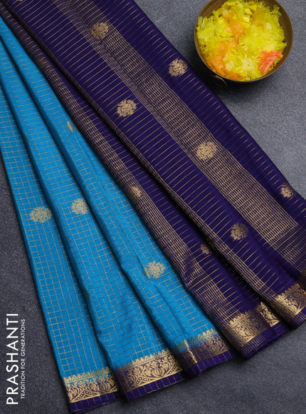 Semi mysore silk saree cs blue and navy blue with allover zari checks & buttas and zari woven border