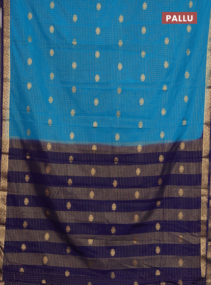 Semi mysore silk saree cs blue and navy blue with allover zari checks & buttas and zari woven border