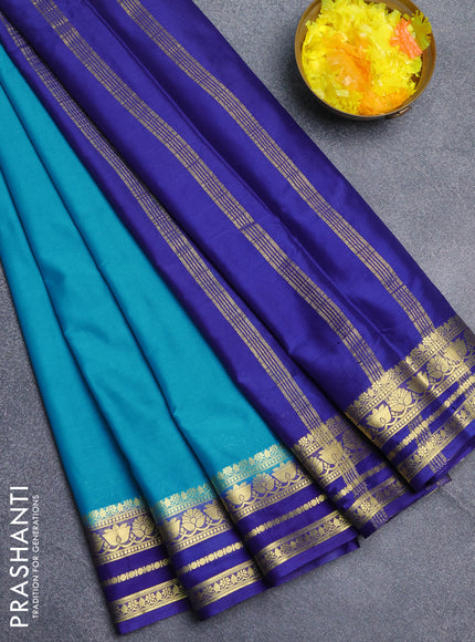 Semi mysore silk saree cs blue and navy blue with plain body and zari woven border