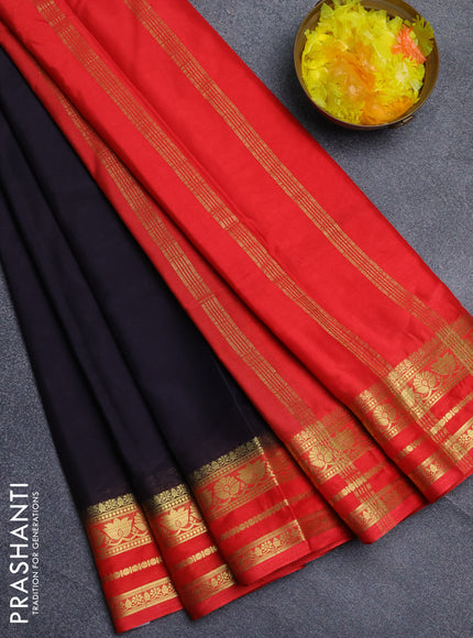 Semi mysore silk saree black and red with plain body and zari woven border