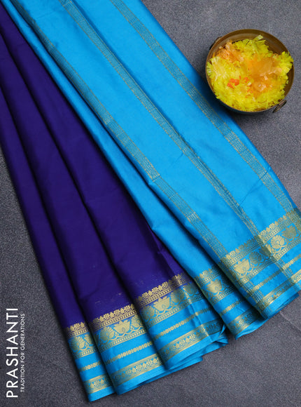 Semi mysore silk saree navy blue and cs blue with plain body and zari woven border