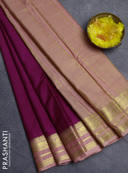 Semi mysore silk saree purple and peach shade with plain body and zari woven border