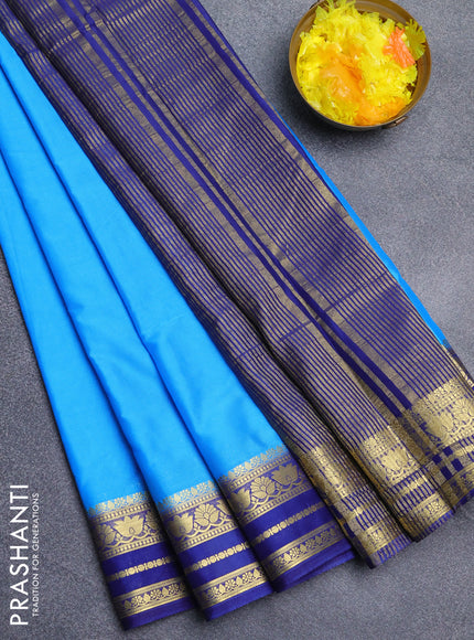 Semi mysore silk saree cs blue and navy blue with plain body and zari woven border