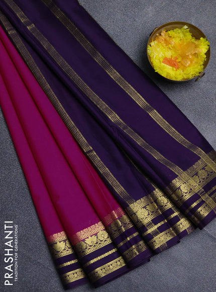 Semi mysore silk saree dark pink and violet with plain body and zari woven border