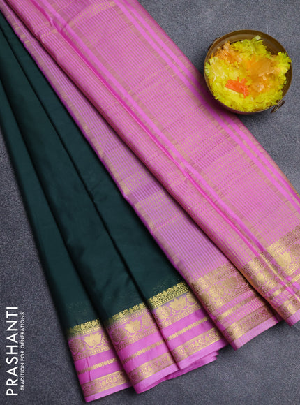 Semi mysore silk saree bottle green and lotus pink with plain body and zari woven border