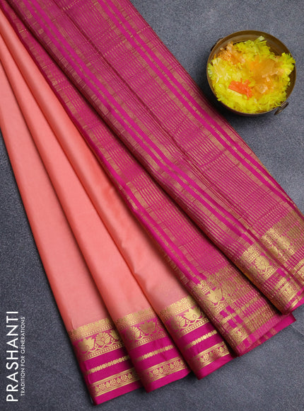 Semi mysore silk saree peach orange and pink with plain body and zari woven border