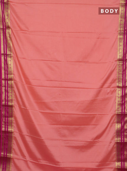 Semi mysore silk saree peach orange and pink with plain body and zari woven border