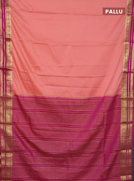 Semi mysore silk saree peach orange and pink with plain body and zari woven border