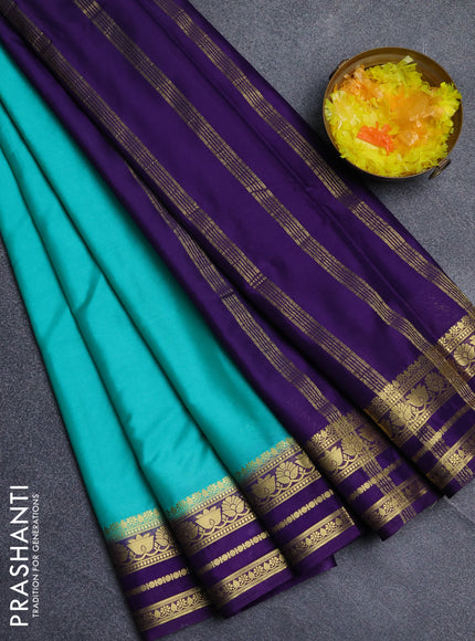 Semi mysore silk saree teal green and violet with plain body and zari woven border