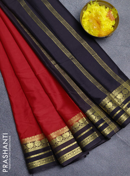 Semi mysore silk saree red and coffee brown with plain body and zari woven border
