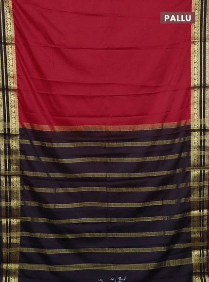 Semi mysore silk saree red and coffee brown with plain body and zari woven border