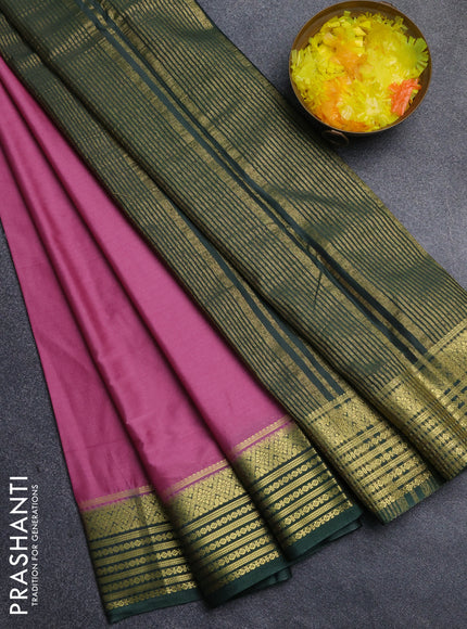 Semi mysore silk saree mauve pink and green with plain body and zari woven border