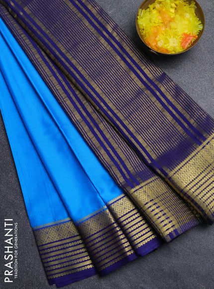 Semi mysore silk saree cs blue and navy blue with plain body and zari woven border