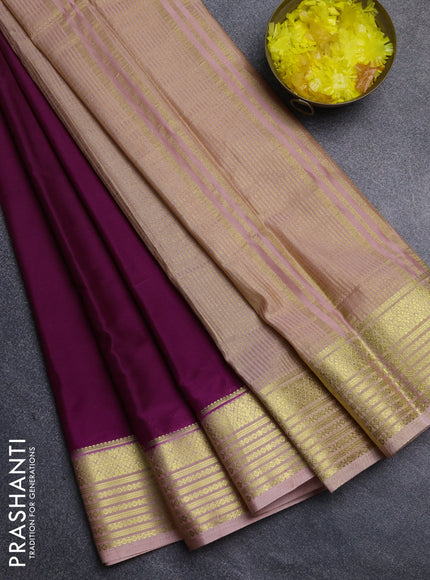 Semi mysore silk saree deep purple and peach shade with plain body and zari woven border