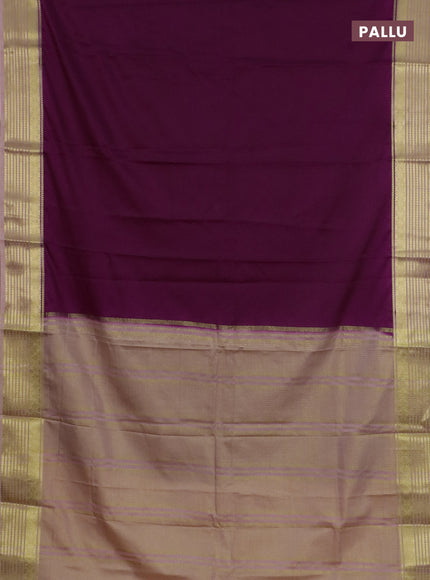 Semi mysore silk saree deep purple and peach shade with plain body and zari woven border
