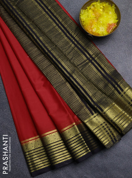 Semi mysore silk saree red and black with plain body and zari woven border
